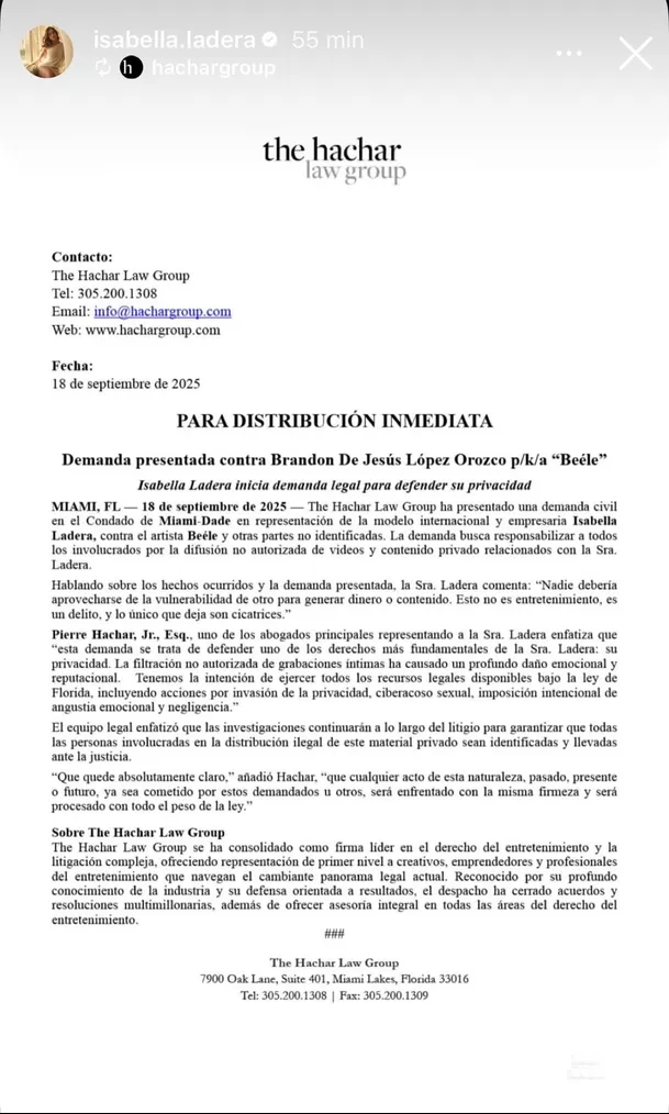 Isabella Ladera comparte un comunicado sobre la demanda oficial contra Beéle / Instagram