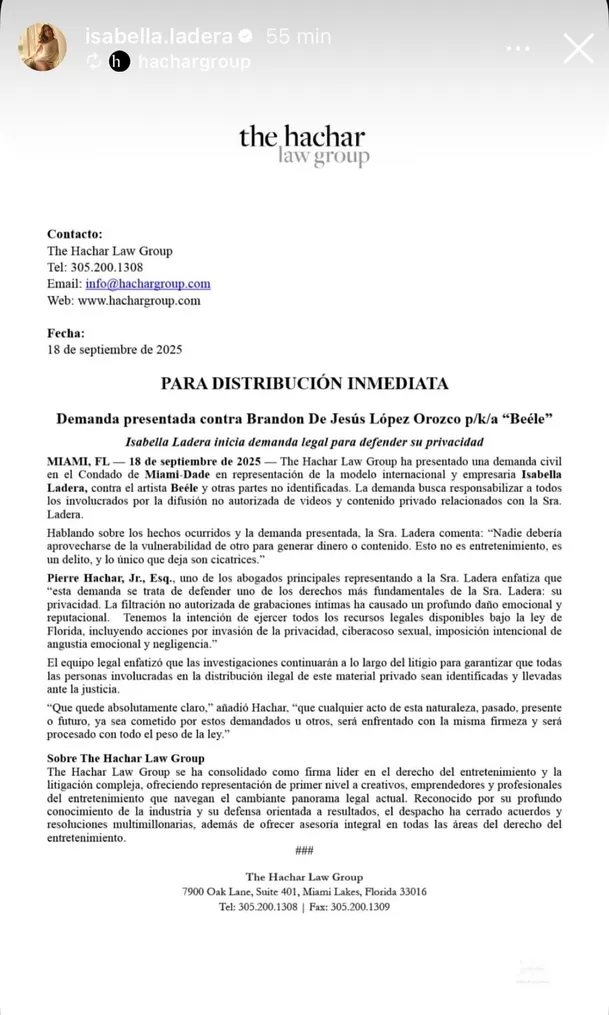 Isabella Ladera envía comunicado sobre su demanda contra Beéle en el condado Miami-Dade / Instagram Isabella Ladera envía comunicado sobre su demanda contra Beéle en el condado Miami-Dade / Instagram