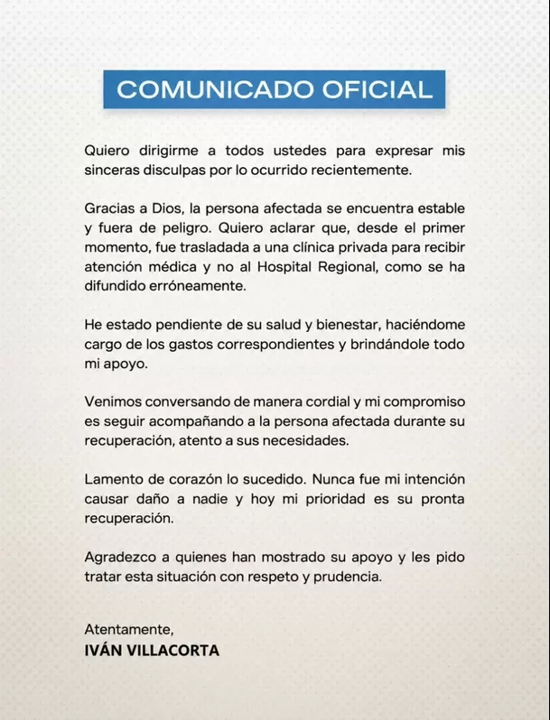 Iván Villacorta lanza comunicado tras accidente en Trujillo / IG: @ivanvillacortaoficial Iván Villacorta lanza comunicado tras accidente en Trujillo / IG: @ivanvillacortaoficial