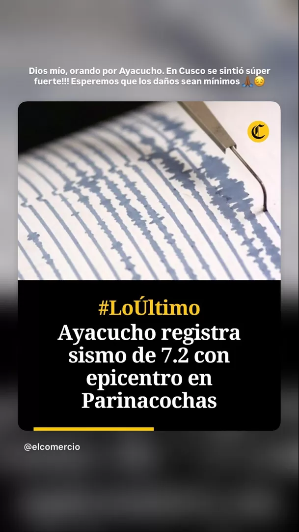 La modelo contó que el fuerte movimiento telúrico se sintió con intensidad en Cusco, donde vive junto a Beto Da Silva y su hija Almudena. Tras el susto, pidió oraciones por las personas afectadas en Ayacucho. Video: Instagram @ivanayturbe
