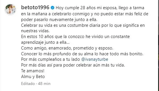 Mensaje de Beto Da Silva para Ivana Yturbe por sus 28 años/Foto: Instagram