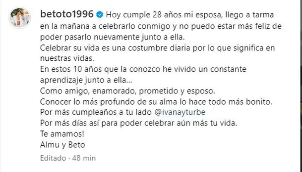 Mensaje de Beto Da Silva para Ivana Yturbe por sus 28 años/Foto: Instagram