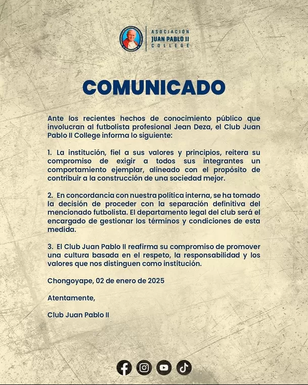 Comunicado del club Juan Pablo II tras la denuncia por agresión en contra de Jean Deza / Instagram