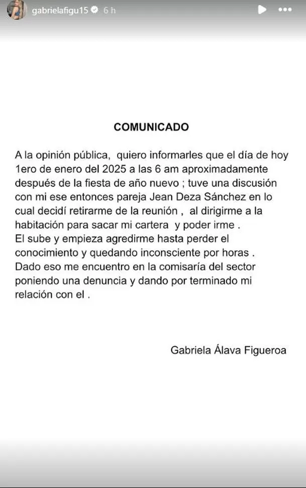 Gabriela Alava envió comunicado tras denunciar por violencia física a Jean Deza / Instagram