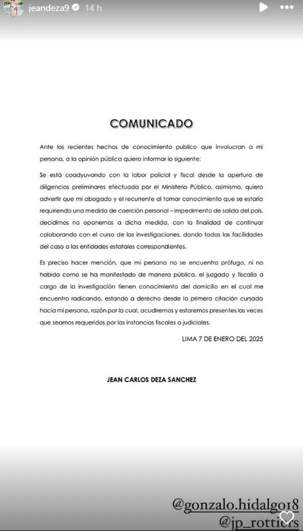 Comunicado de Jean Deza tras denuncia de Gabriela Alava / Instagram