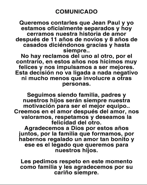 Comunicado de Romina Gachoy y Jean Paul Santa María anunciando su separación/ Foto: IG Romina Gachoy/ IG Jean Paul Santa María 