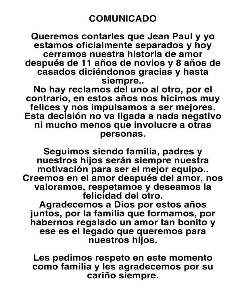 Comunicado de Romina Gachoy y Jean Paul Santa María anunciando su separación/ Foto: IG Romina Gachoy/ IG Jean Paul Santa María 