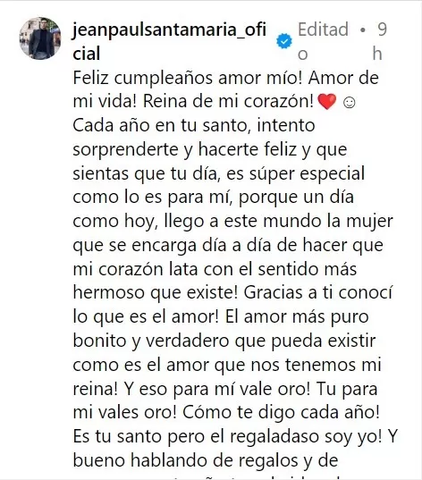 Jean Paul Santa María compartió  un mensaje con las imágenes de la rompantica serenata para su esposa Romina Gachoy/Foto: Instagram