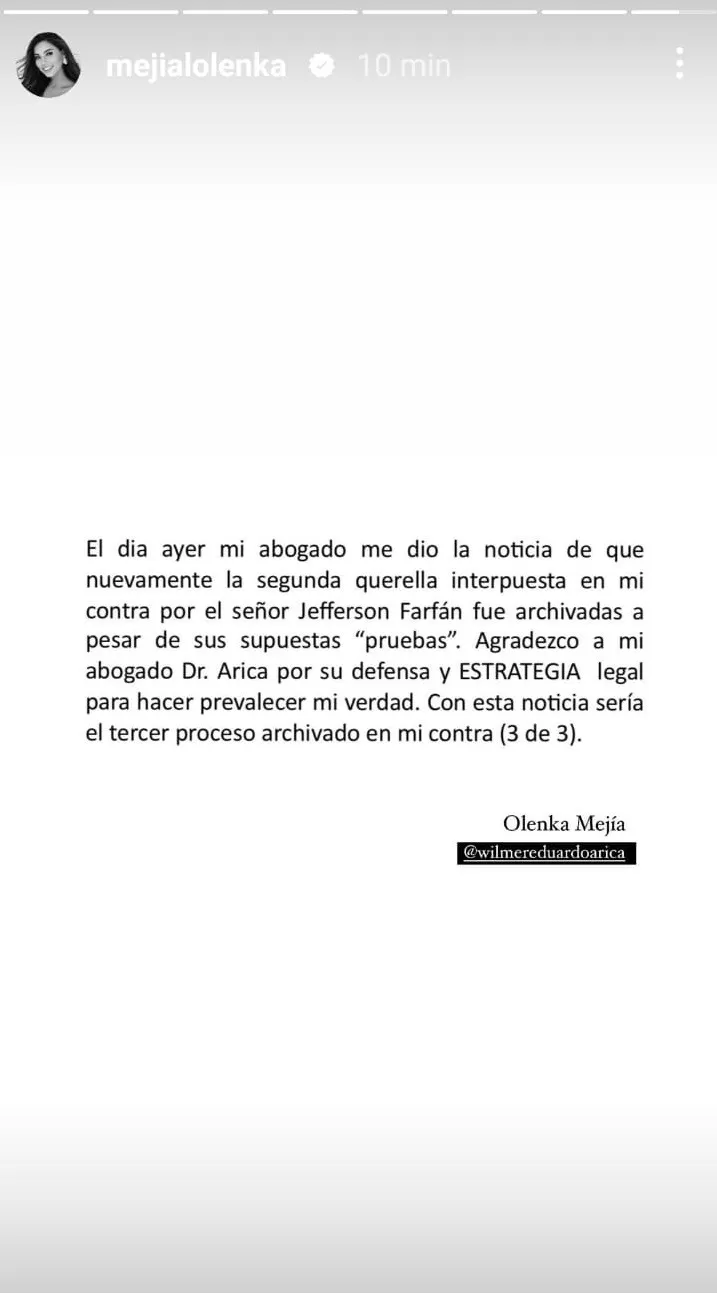 Fiscalía archivó denuncia de Jefferson Farfán contra Olenka Mejía. Fuente: Instagram