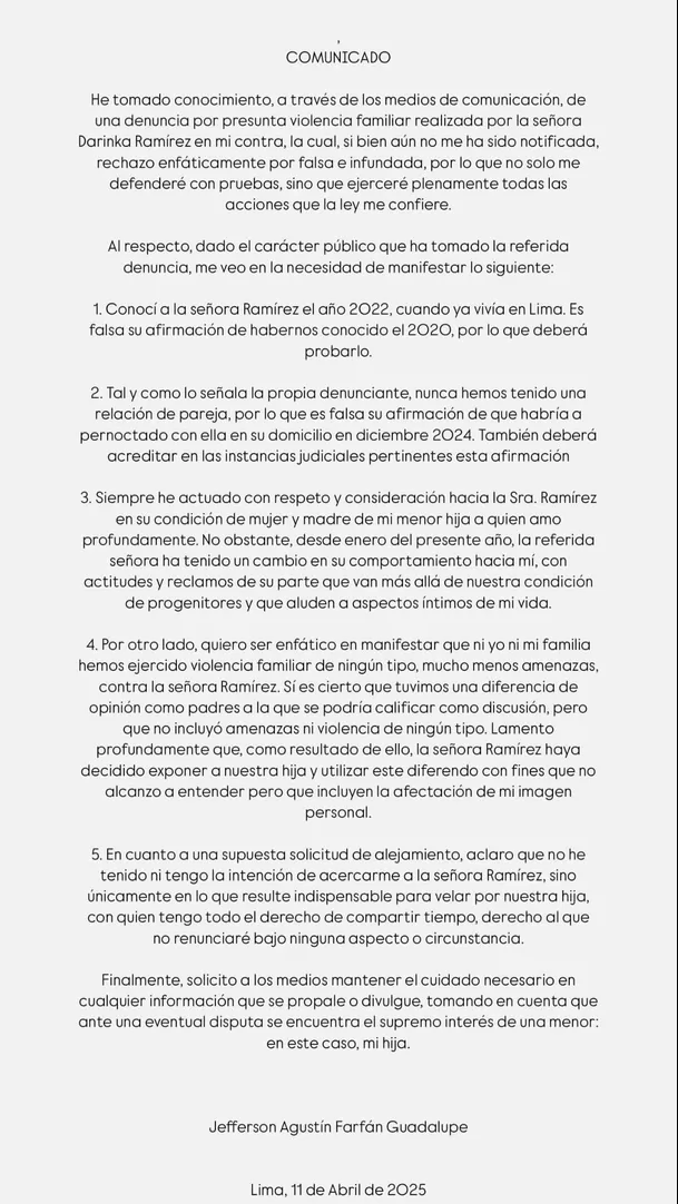 Comunicado de Jefferson Farfán tras denuncia de Darinka Ramírez Comunicado de Jefferson Farfán tras denuncia de Darinka Ramírez