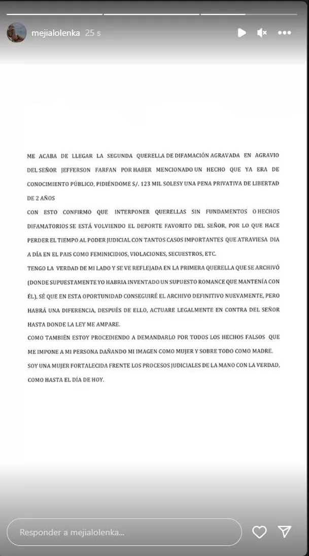 La modelo Olenka Mejía, excuñada de Yahaira Plasencia, utilizó sus redes sociales para manifestar su desacuerdo con el Juzgado por aceptar la demanda/Foto: Instagram