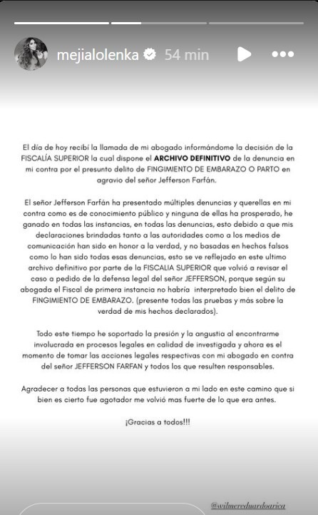 Mensaje de Olenka Mejía anunciando que ganó la demanda que le entabló Jefferson Farfán/Foto: Instagram