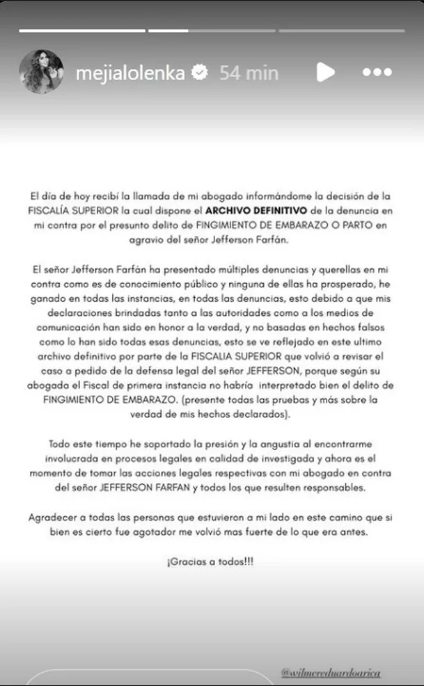 Mensaje de Olenka Mejía anunciando que ganó la demanda que le entabló Jefferson Farfán/Foto: Instagram