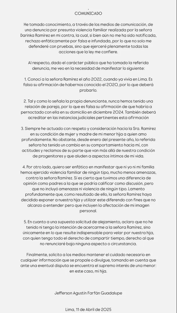 El comunicado de Jefferson Farfán tras la denuncia de Darinka Ramírez / Instagram