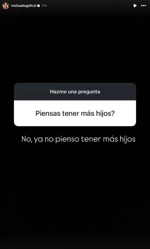 Respuesta de Melissa Klug sobre tener otro hijo con Jesús Barco. Fuente: Instagram