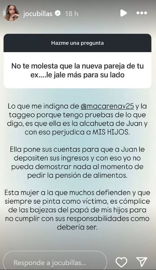 Johana Cubillas acusó a Macarena Vélez y la llama "alcahueta" / Instagram