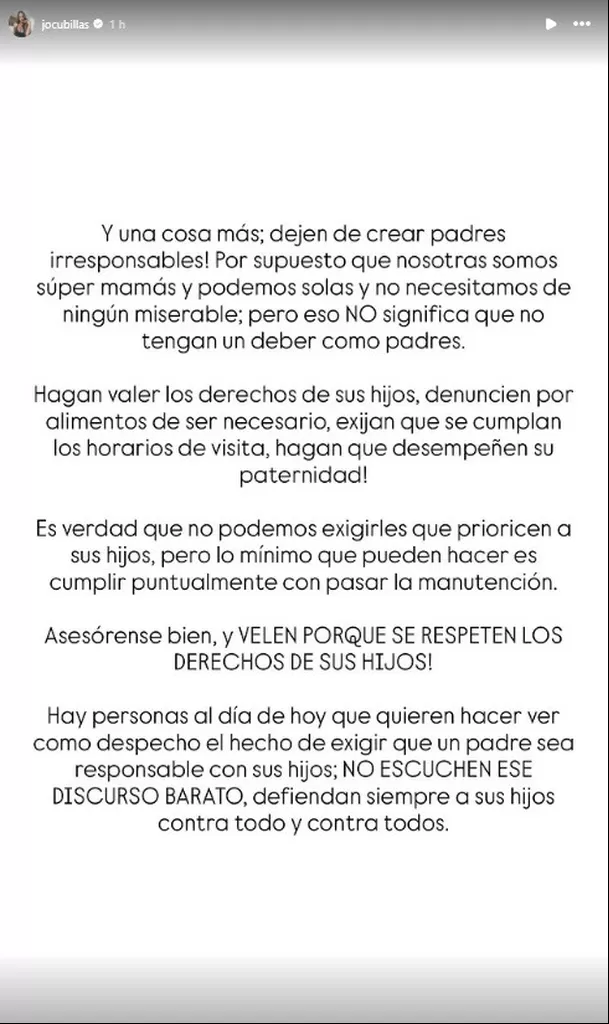 Comunicado de Johana Cubillas en sus redes sociales / Instagram