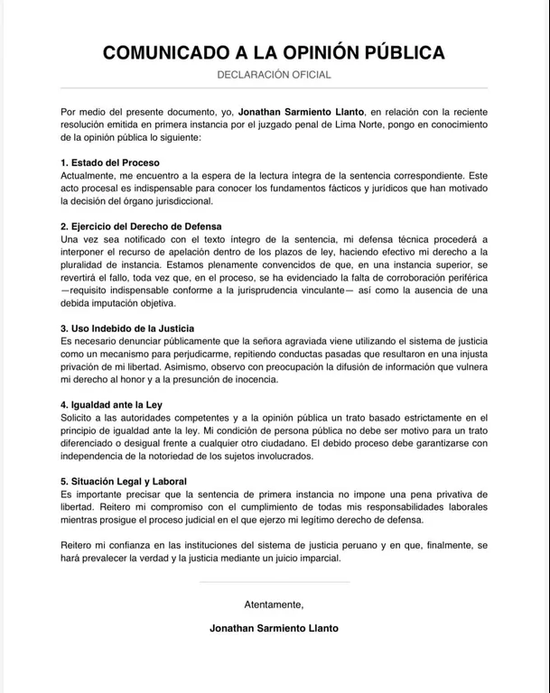 Comunicado de John Kelvin tras sentencia por agresión a Dalia Durán / IG: @johnkelvinoficial