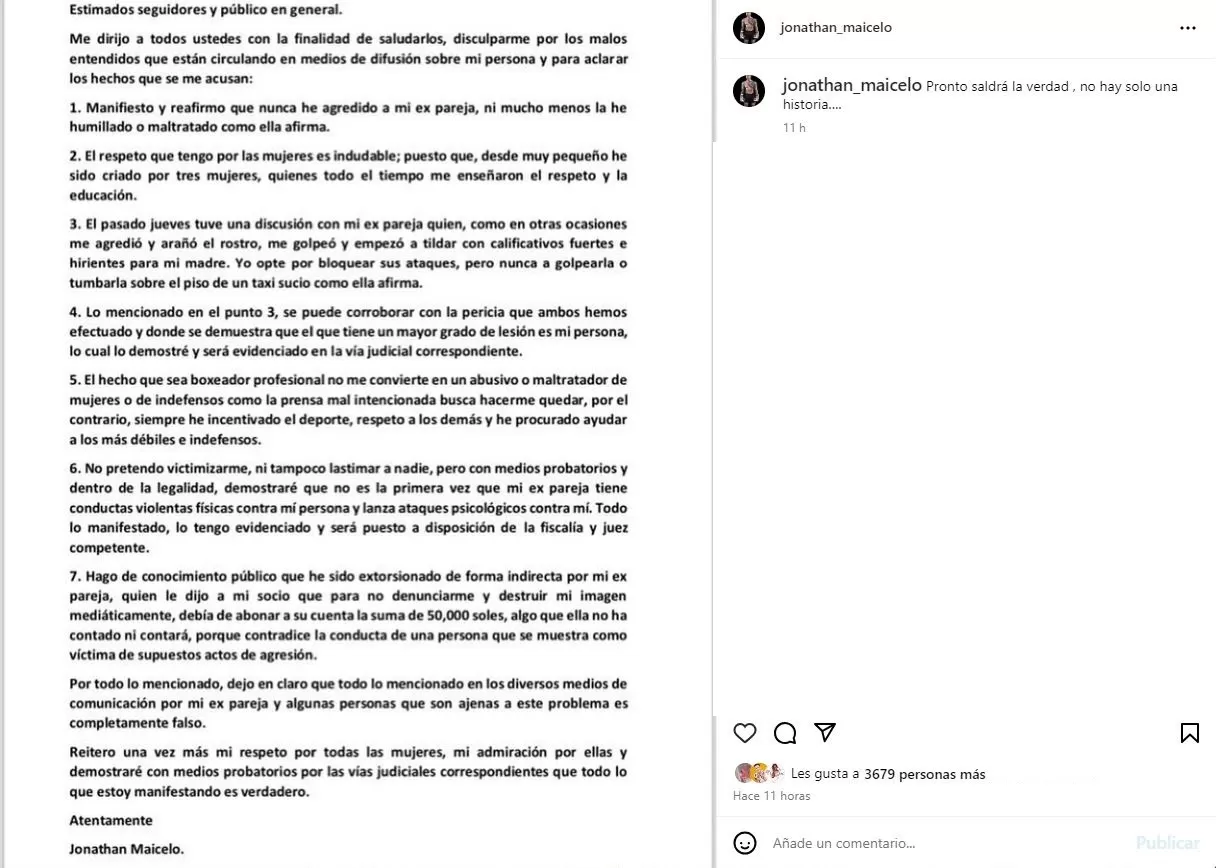 Comunicado de Jonathan Maicelo en Instagram/Foto: Instagram