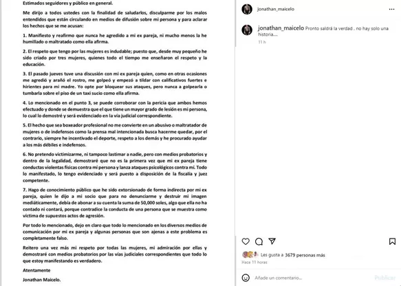 Comunicado de Jonathan Maicelo en Instagram/Foto: Instagram