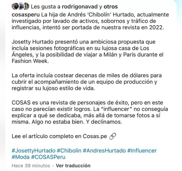 Revista Cosas acusó a Josetty Hurtado de ofrecer pagar millonaria suma para ser portada en 2022 / Instagram