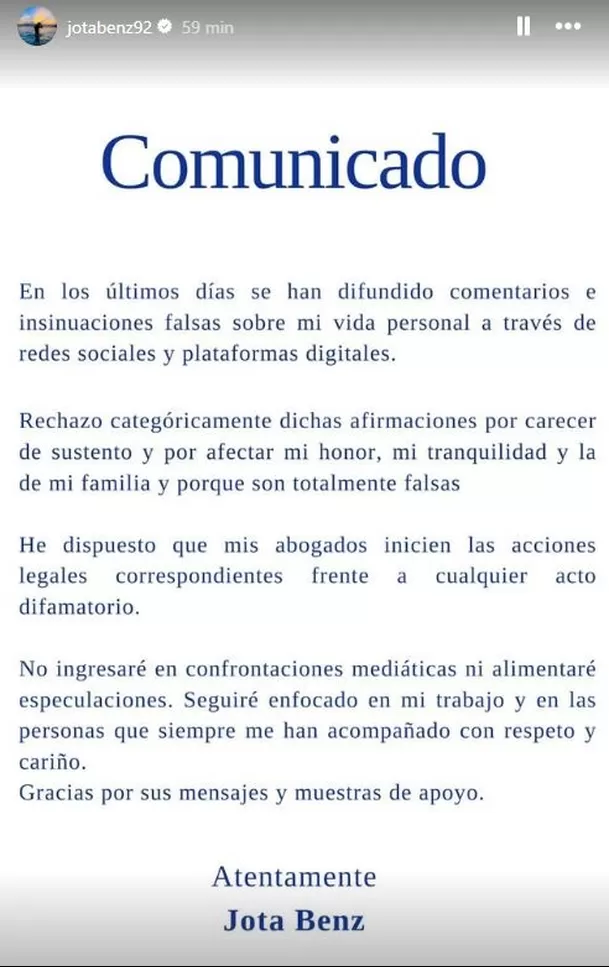 Jota Benz lanza comunicado tras rumores de infidelidad / Instagram Jota Benz lanza comunicado tras rumores de infidelidad / Instagram