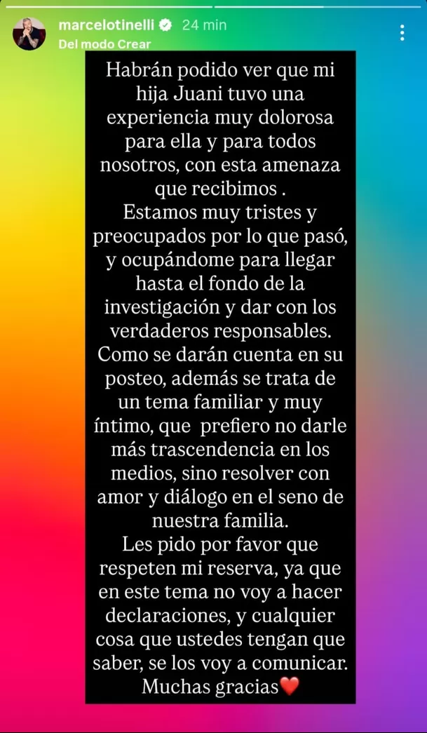 Comunicado de Marcelo Tinelli. Foto: Instagram Comunicado de Marcelo Tinelli. Foto: Instagram