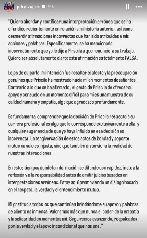 Julián Zucchi negó que le haya pedido a Priscila Mateo renunciar a su trabajo en el programa de Magaly Medina / Instagram