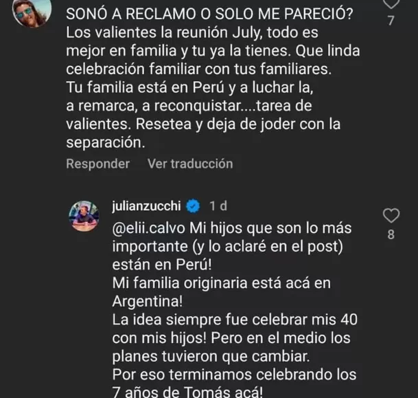 Julián Zucchi se defendió de críticas por celebrar su cumpleaños sin Yiddá Eslava y sus hijos 
