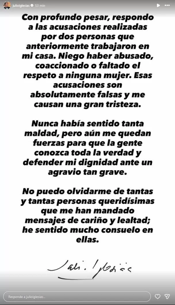 Julio Iglesias se pronunció tras acusaciones de agresión sexual en su contra / Instagram