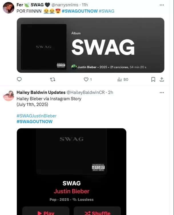 El hashtag #SWAGOUTNOW, ‘Swag ya disponible’, estuvo entre las tendencias de X horas después del lanzamiento del disco / X El hashtag #SWAGOUTNOW, ‘Swag ya disponible’, estuvo entre las tendencias de X horas después del lanzamiento del disco / X