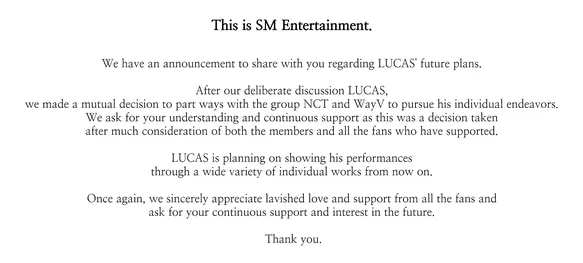 K-pop: SM Entertainment anunció la salida de Lucas de NCT y WayV