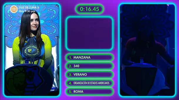 Rosángela respondió cinco preguntas en 16 segundos, pero fue superada por Karen Dejo. Fuente: AméricaTV Rosángela respondió cinco preguntas en 16 segundos, pero fue superada por Karen Dejo. Fuente: AméricaTV