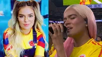 Karol G cantó el himno nacional de Colombia previo al partido Argentina Colombia en la final de la Copa América/Fotos y Video: América Televisión