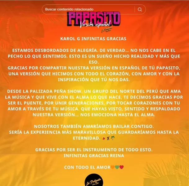 Comunicado de la orquesta 'La Palizada Peña Show' tras reposteo de Karol G por su versión de 'Papasito' / TikTok