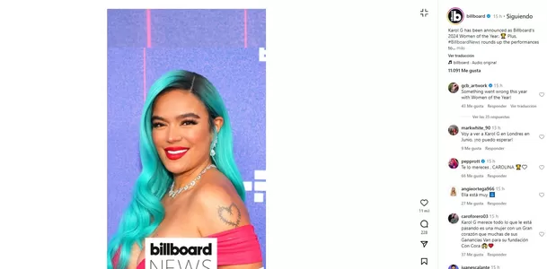 La revista Billboard eligió a la colombiana Karol G como la Mujer del año 2024 y recibirá el trofeo en la gala central del 6 de marzo/Foto: Instagram