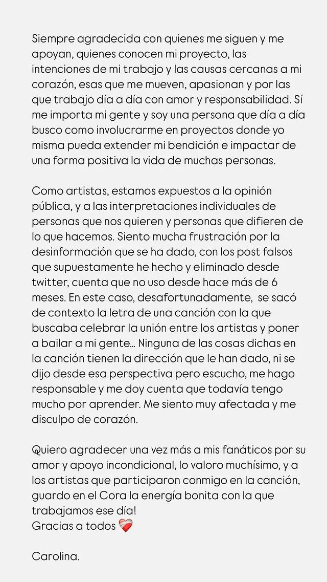 Mensaje de Karol G hablando de las críticas por la canción '+57'/Foto: Instagram