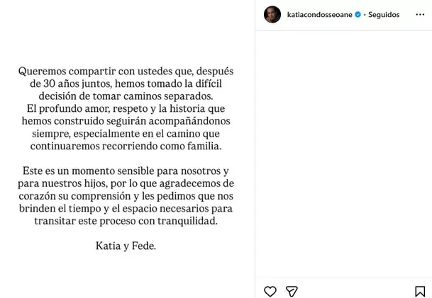 Katia Condos Federico Salazar lanzaron un comunicado para anunciar su separación / Instagram