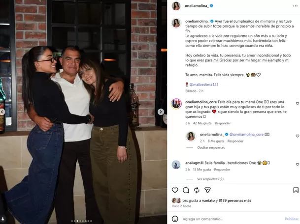 Luego de las especulaciones sobre un supuesto distanciamiento tras el viral baile de Onelia Molina con Diego Lugano, Kevin Díaz reapareció junto a la odontóloga durante una reunión familiar para celebrar el cumpleaños de su madre. Foto: @oneliamolina_