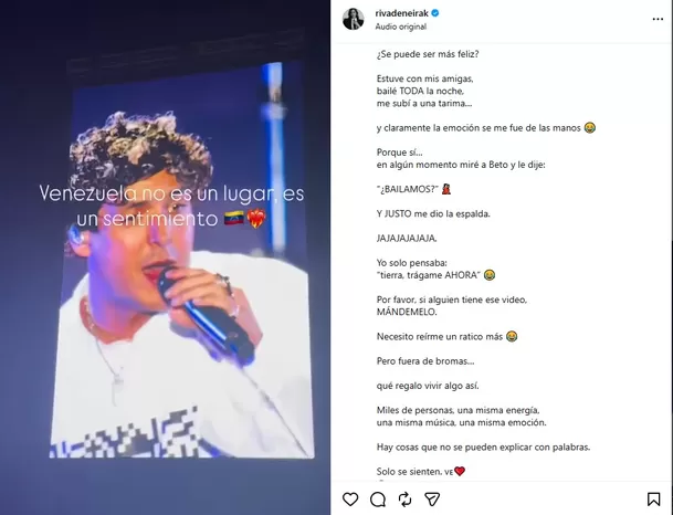 Korina Rivadeneira toma con humor el momento que vivió con Beto Montenegro en concierto/ Captura Instagram Korina Rivadeneira toma con humor el momento que vivió con Beto Montenegro en concierto/ Captura Instagram