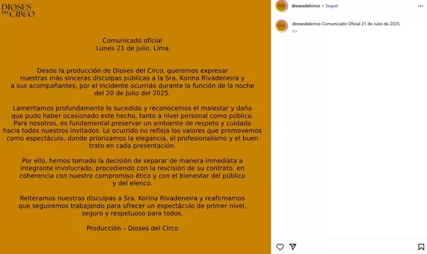 Comunicado de 'Circo de los Dioses' tras la falta de respeto a Korina Rivadeneira / Instagram