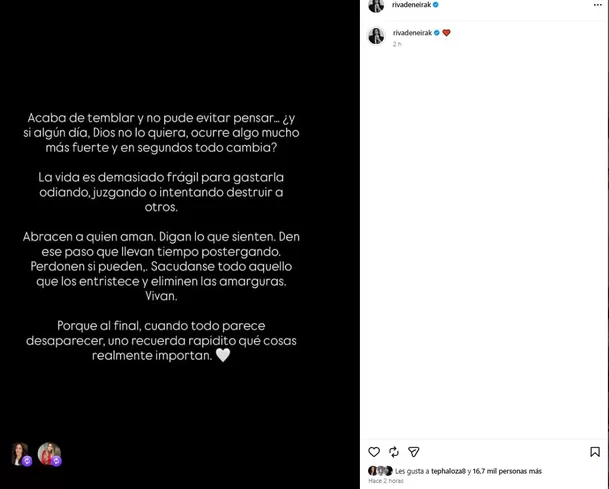 Korina Rivadeneira reaccionó al reciente temblor con una reflexión sobre lo frágil que puede ser la vida y llamó a dejar atrás los rencores, abrazar a quienes amamos y aprovechar el presente. Foto IG: @rivadeneirak