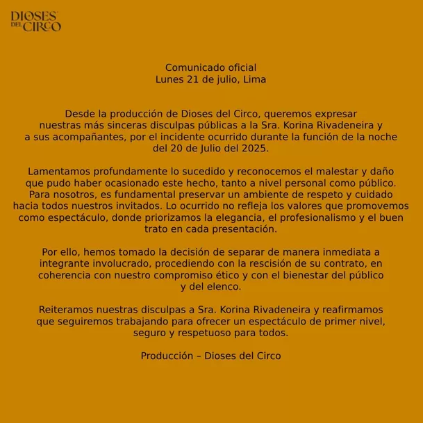 Comunicado de la producción de 'Dioses del Circo' tras falta de respeto a Korina Rivadeneira / Instagram