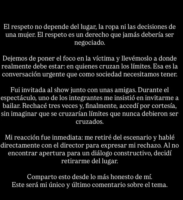 Korina Rivadeneira condena falta de respeto en show / Instagram