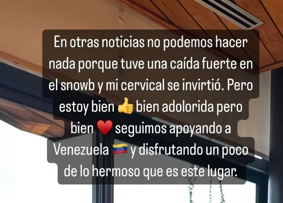 Mensaje de Korina Rivadeneira contando su accidente en Bariloche/Foto: Instagram