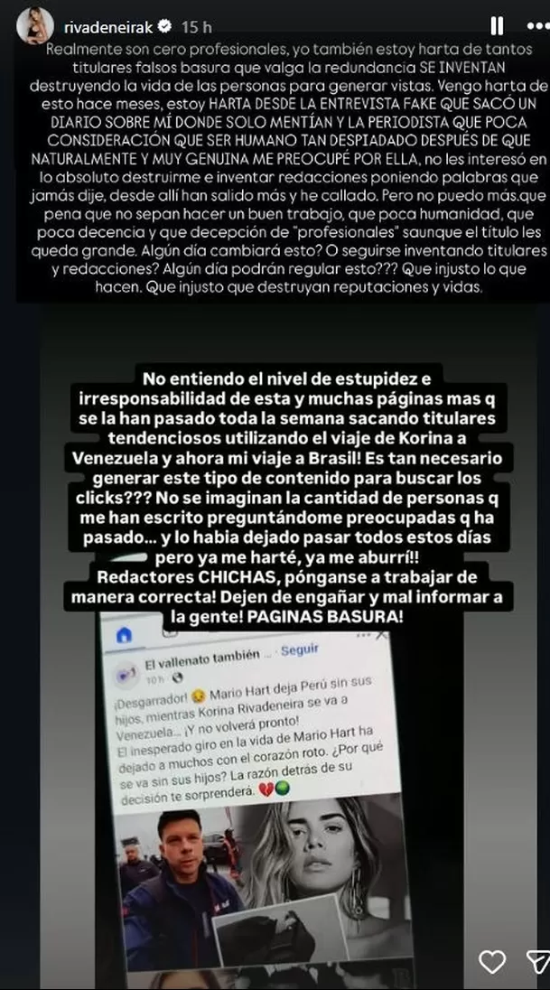 Korina Rivadeneira respaldó la publicación de su esposo Mario Hart / Instagram Korina Rivadeneira respaldó la publicación de su esposo Mario Hart / Instagram