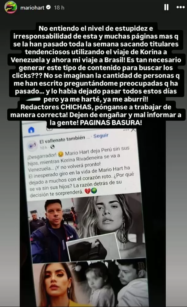 Mario Hart manifestó su enojo por la información falsa entorno a su viaje a Brasil / Captura Mario Hart manifestó su enojo por la información falsa entorno a su viaje a Brasil / Captura