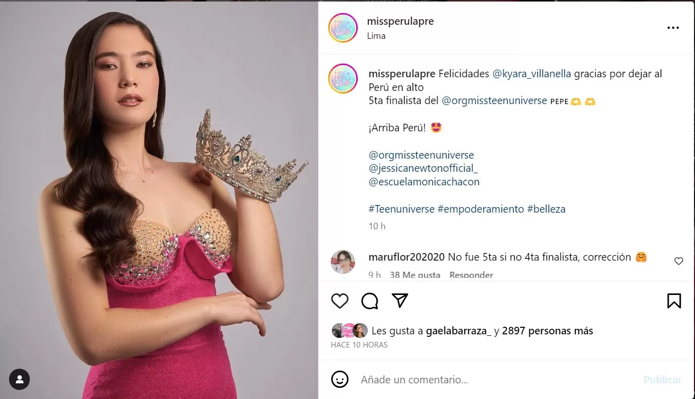 Mensaje de felicitación a Kyara Villanella por haber obtenido el top 5 de Miss Teen Universe 2023/ Foto: Instagram