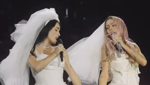 Lali Espósito sorprendió a sus miles de seguidores al invitar a Tini Stoessel a su show en River Plate. Ambas aparecieron vestidas de novia y protagonizaron un inesperado momento al interpretar un clásico de Madonna. Video: Instagram @lali