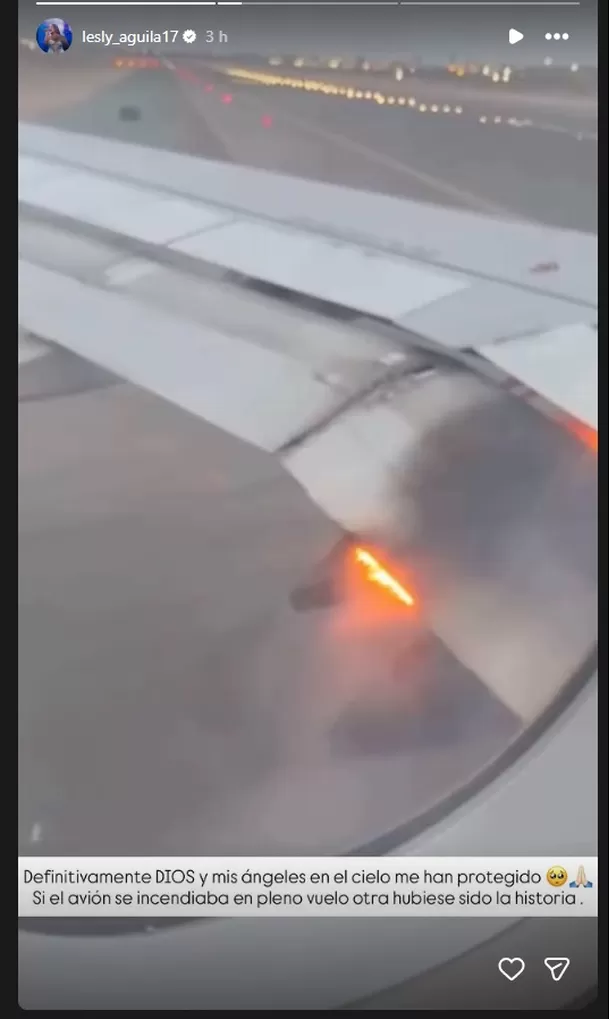 Lesly Águila y sus compañeros de Corazón Serrano estaban dentro del avión cuando una de sus alas se incendió antes del despegue. La cantante quedó conmocionada y compartió imágenes del dramático momento. Video: IG @leslyaguila